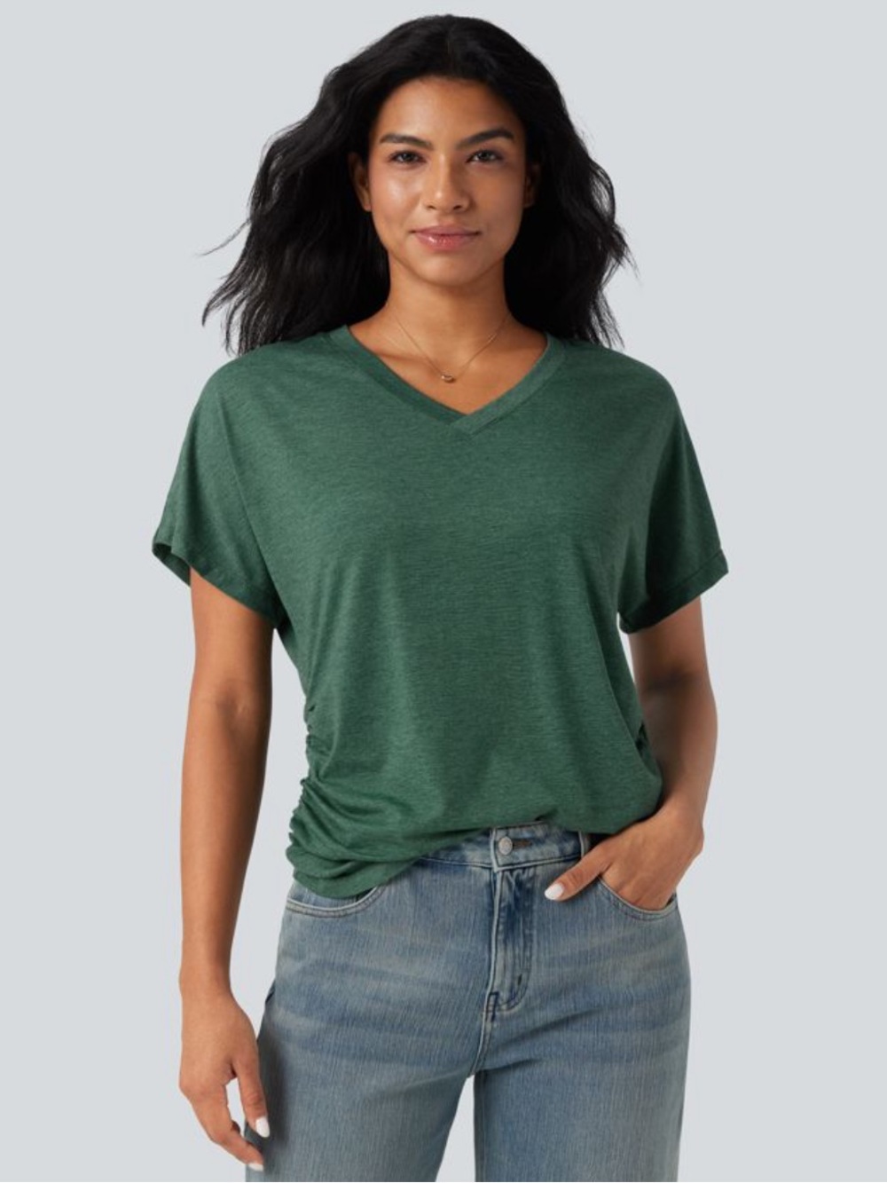 NWT! Halara V Neck Green Tee Shirt Ruched Relaxed Casual Sz M